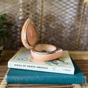 Vintage Alabaster Heart Shaped Trinket Box Lid Pink Gold Pill Vanity Box 4.25”